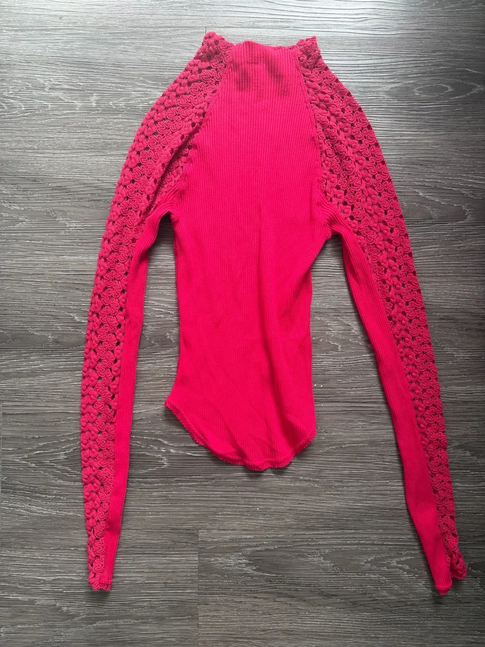 Free People Hot Pink Crochet-Sleeve Ribbed Top